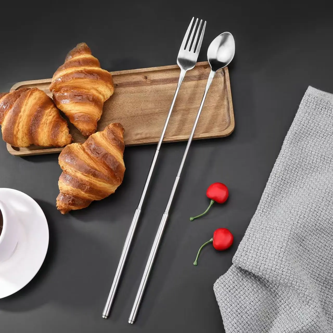 أدوات مائدة تلسكوبية، شوك من الفولاذ المقاوم للصدأ، ملاعق، شوك تلسكوبية طويلة جدًا، محمولة #3