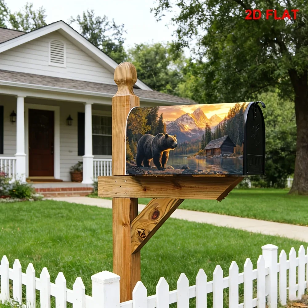 1pc Bear mailbox cover with mountain sunset and cabin scenery, suitable for outdoor mailbox decoration for yards and gardens.