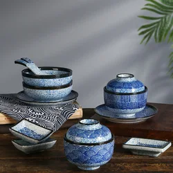 Japanese Wave Pattern Tableware Stew Bowl Ceramic Dessert Bowl With Cover Blue And White Dinner Plate Cup Spoon For Household