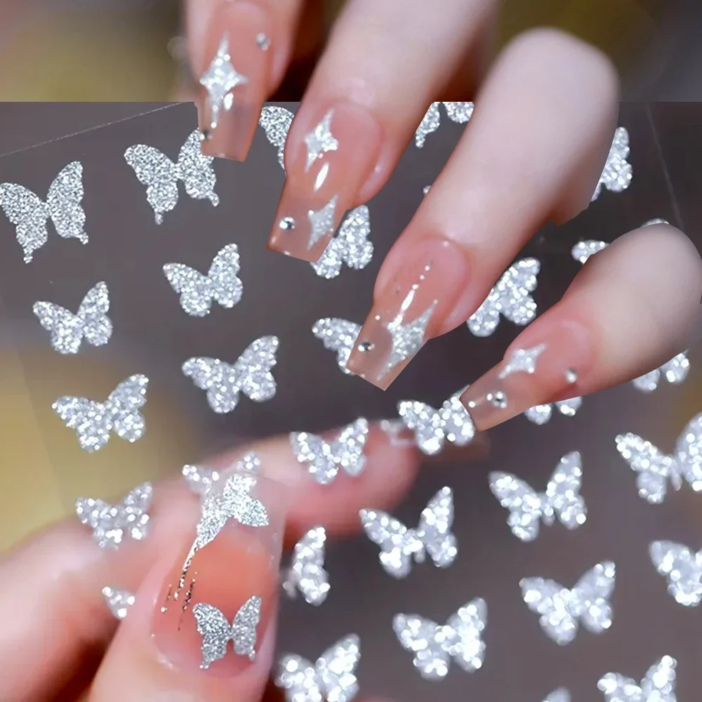 1-6 teile/satz Glitter Diamant Silber Schmetterling Nail art Gesicht Aufkleber Selbstklebende Glänzende Stern Herz Nägel Aufkleber maniküre Aufkleber