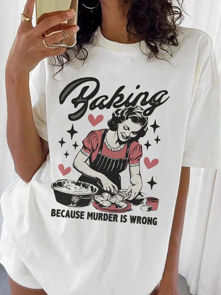 

Fashion Style Printed Cartoon Pattern Cute and Sweet Clothing Top Basic Style Trendy Style Casual Versatile Fun Loose T-Shirt