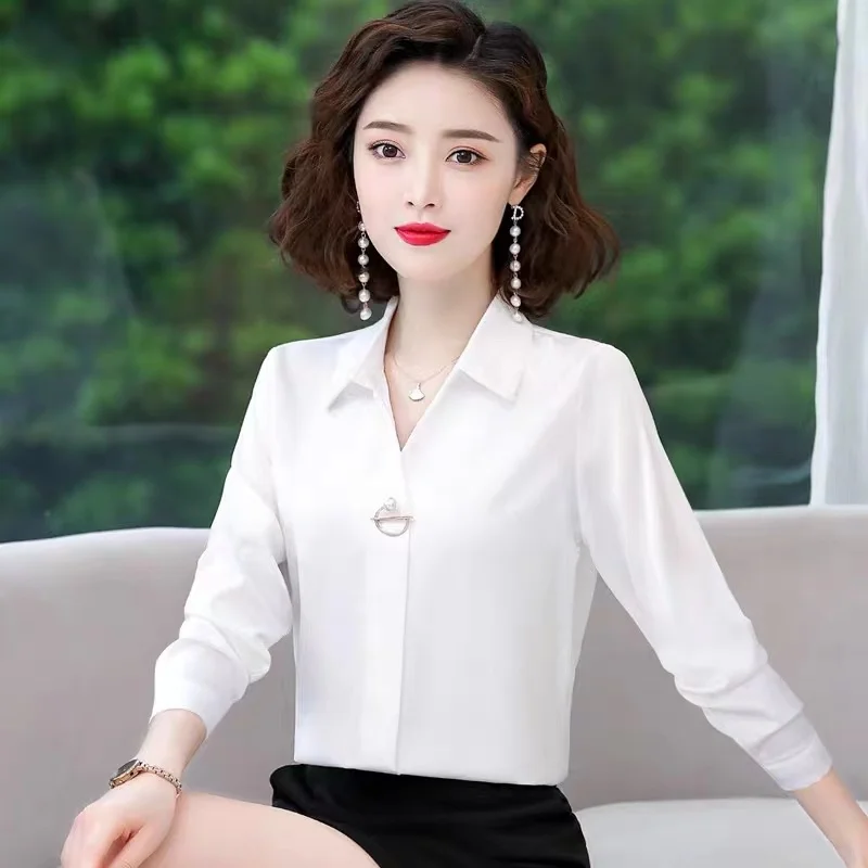 

Женская шифоновая блузка с длинным рукавом, свободный базовый топ в корейском стиле, универсальная модель на весну-осень, свободный крой, V-образный вырез, повседневная блузка