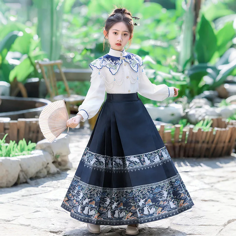 Children Horse Face Skirt Set Elastic Waist Spring Princess Skirt Spring Summer Girls Chinese Style Two Piece Set