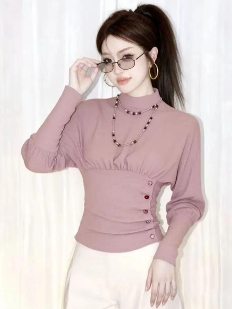 Fashion Long Sleeve Top Women Autumn New Stand Collar Slim Button Waist Design T-shirts Vintage Y2k Aesthetic Chic Tees