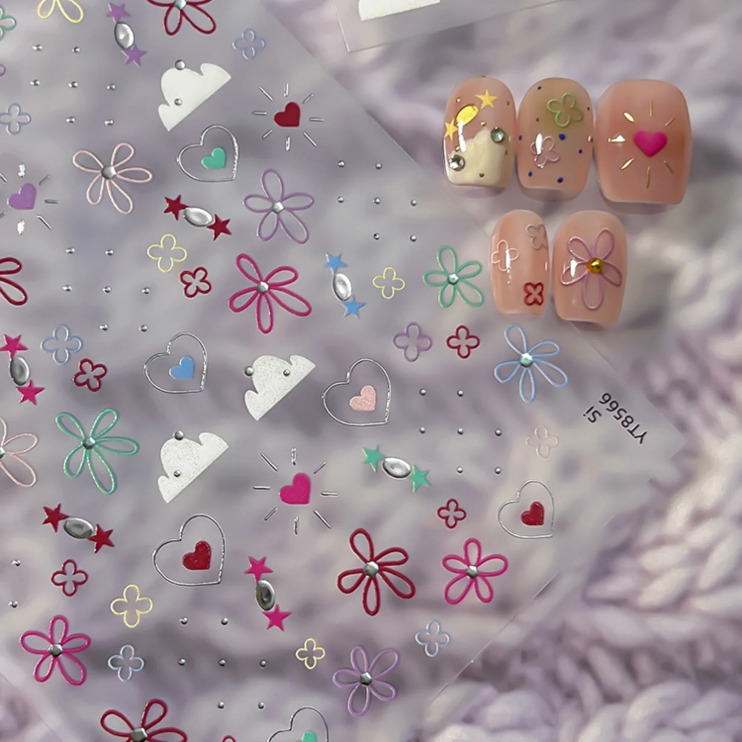 5D Dopamine INS Nail Sticker Graffiti Heart Line Tiny Flower Laser Love Heart Cloud Star Self-adhesive Nail Art Decals for Girl