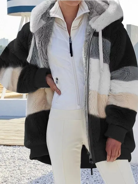 Autumn Winter Warm Furry Patchwork Zipper Pocket Women's Street Style Coat Thickened Cotton Long Sleeve Ultra Short Length