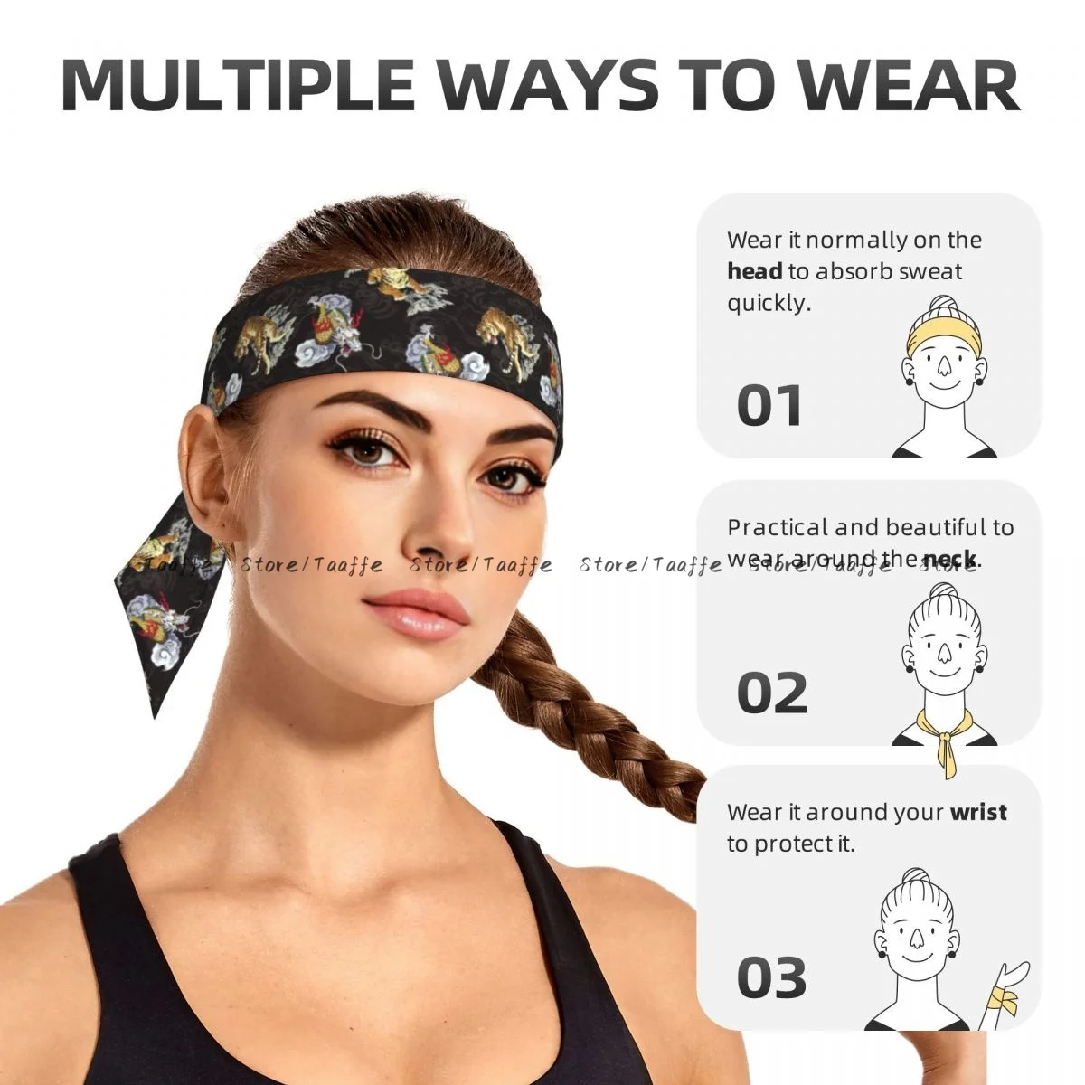 Sweatband Bandanas Tiger And Dragon Hairband Head Tie Sports Headband Hair Accessories view 6