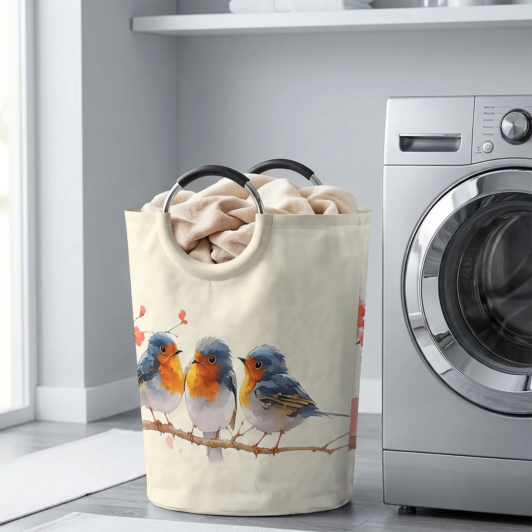 Robin Birds On Branch Floral Print Handheld Storage Basket, For Laundry, Bedroom & Home Sundries Storage