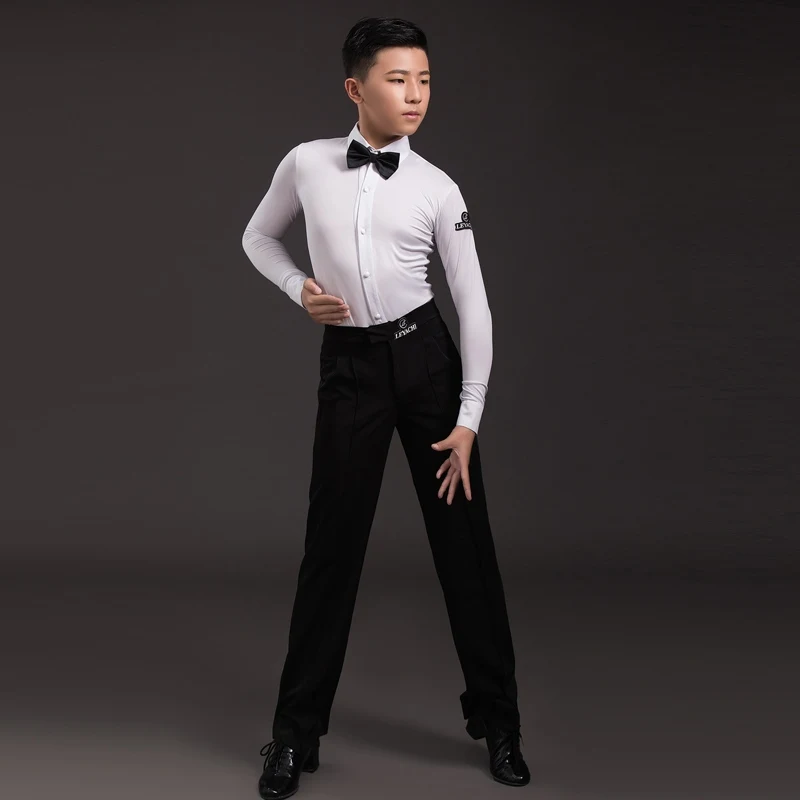 

Kids Boys Latin Dance Competition Clothing Long Sleeves Shirt Black Pants Cha Cha Ballroom Dance Costume Performance Wear XH3001