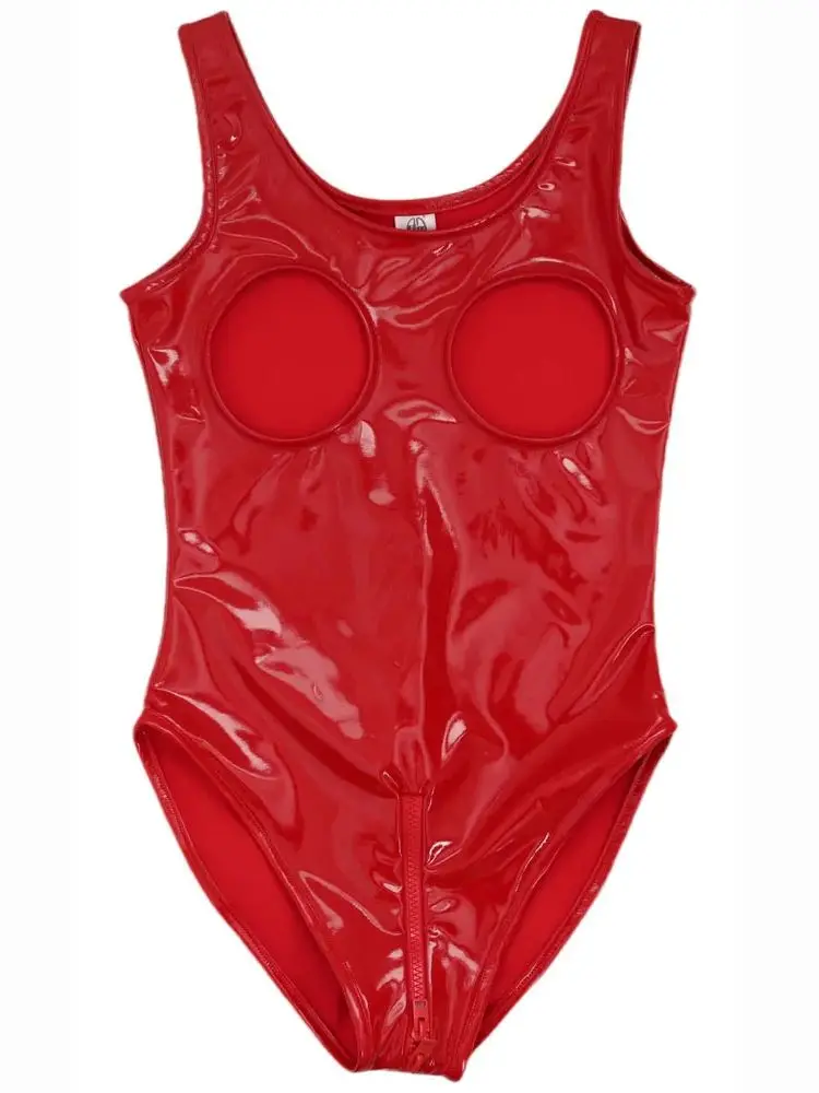 

S-5XL Hollow Out Bust Wet Look PVC Catsuit Shiny PU Leather 2 Zipper Open Crotch Bodysuit Tights Hot Sexy Body Teddies Clubwear