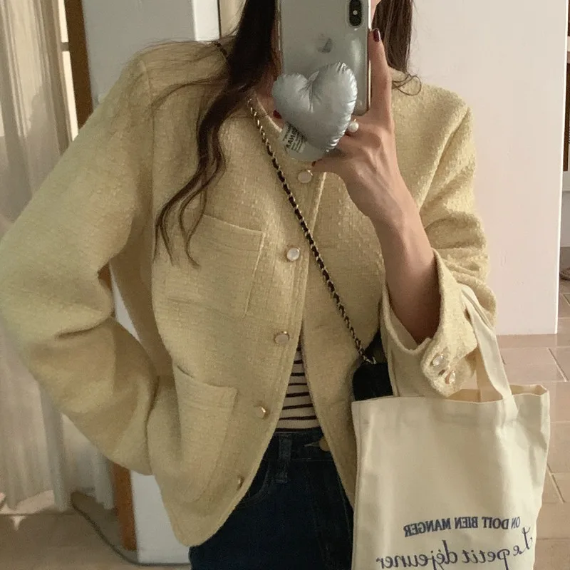 Women's Autumn Vintage Tweed Blazer Coat Jacket Round Collar Single Breasted Short Outerwears Full Sleeve 2024
