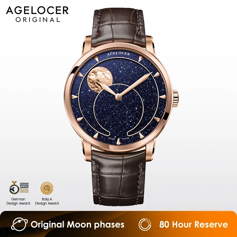 Agelocer-機械式自動時計,月の満ち欠け,天文学の時計,青いアベンチュリンダイヤル,高級時計,誕生日プレゼント