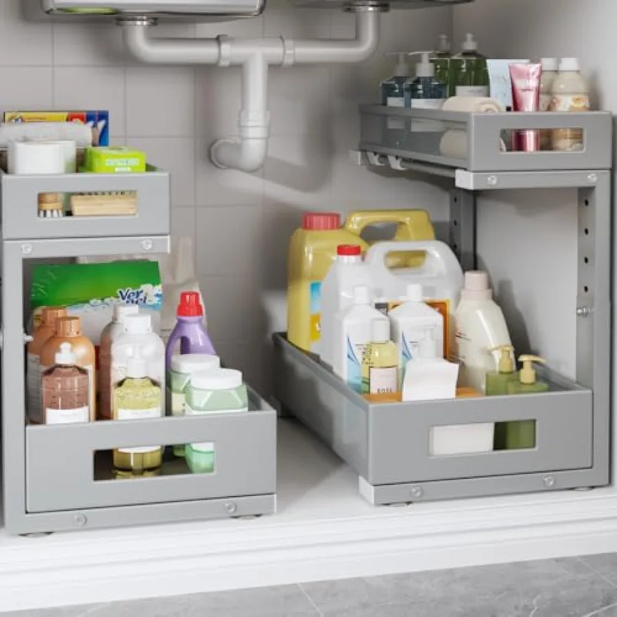 

Набор из 2-х выдвижных органайзеров для хранения под раковиной, 2-уровневый, элегантный, регулируемый, для кухни и ванной, угловой, L-образный