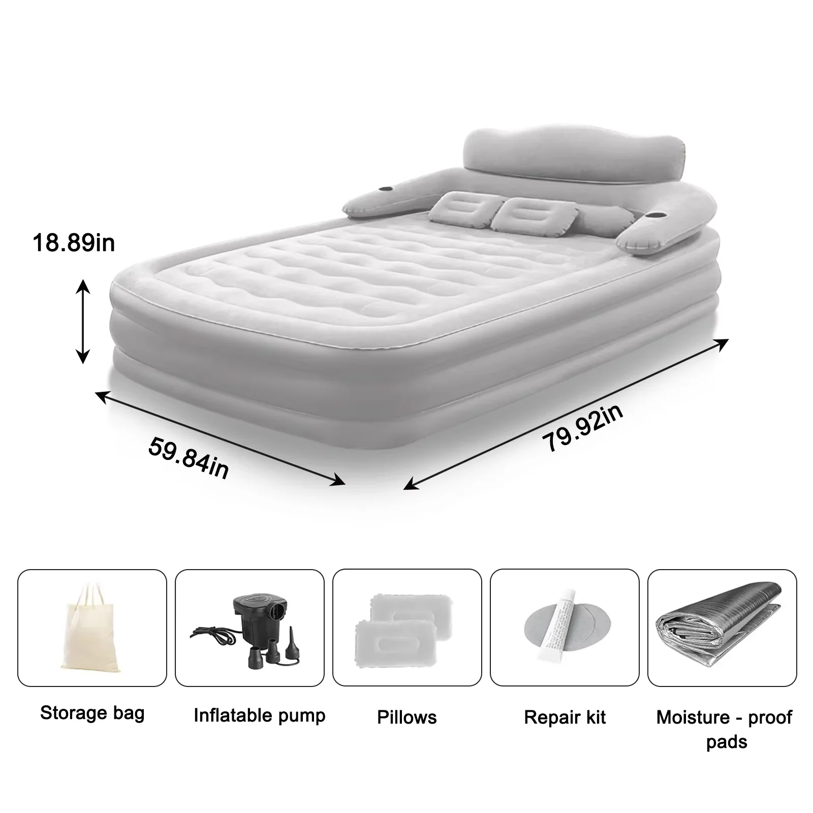 2-Personen-Campingmatratze mit integrierter/externer Pumpe, Rückenlehne, PVC, automatisch aufblasbares Luftkissen, erhöhte Höhe, verdickt, für drinnen und draußen, Büro, Freizeit, Schlafmatte, 203 cm