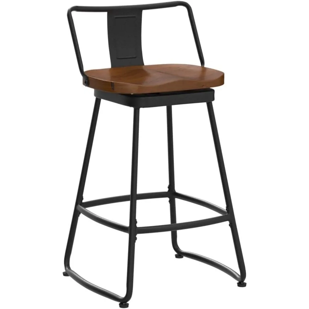 24 Swivel Bar Stools with Backs Set of 2 Metal Counter Height Bar Chairs with Wooden Seat Industrial Barstools Matte B