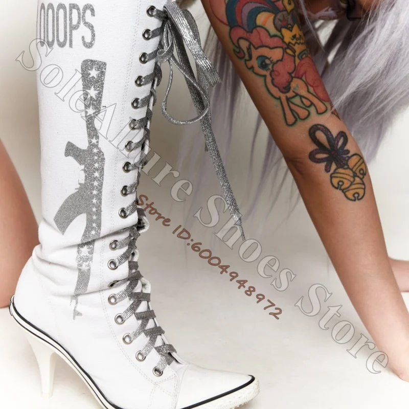Canvas Knee High Boots Pointed Toe Stiletto Heel Glitter Letter Print Rivet Decor Glitter Lace Up Back Zipper Y2K Punk Boots
