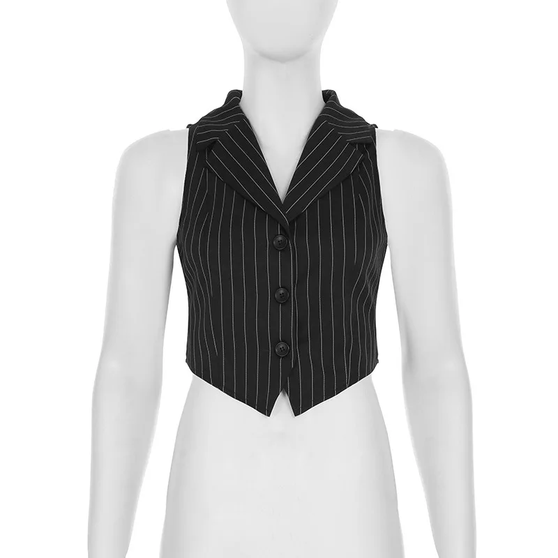 Talenza Weibliche Gestreifte Weste Mode V-ausschnitt Ärmelloses Revers Einreiher Tops Hohe Taille Kurze Dünne Tops Frauen Gestreifte Weste