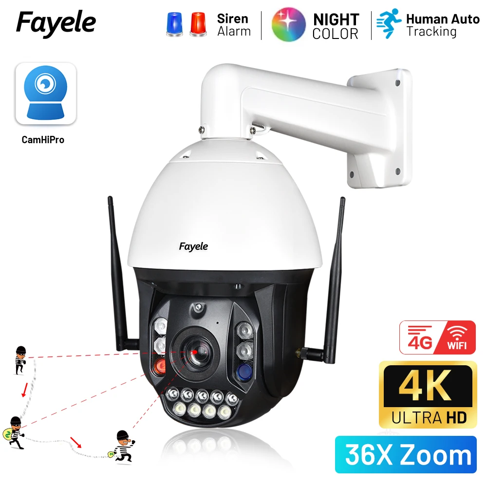 Outdoor 4K 8MP Wireless IP Camera 5MP 4G Sim Card WIFI AI Auto Tracking Zoom PTZ 40X 2way Audio Siren Alarm Surveillance Camera