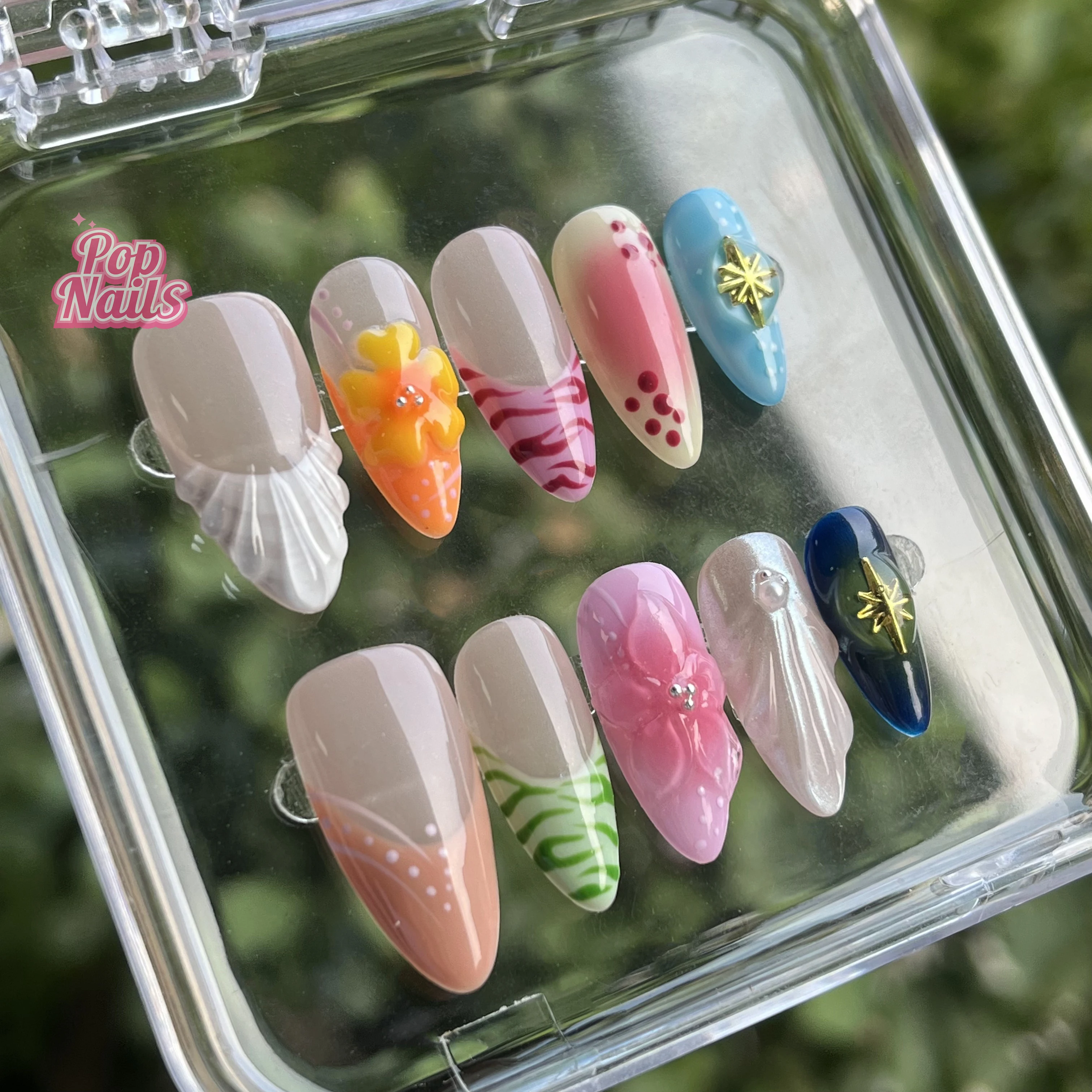 Flowers Tips Hawaii Vacation Style Wholesale 3D Flower Shell Nail Art Private Label Acrylic Handmade Short Almond Press On Nails