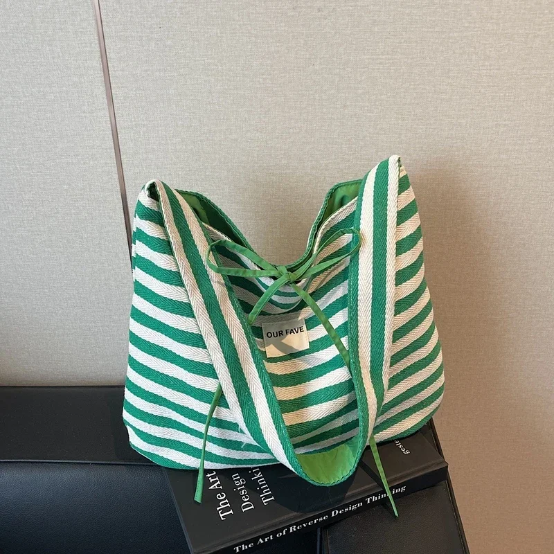 

Casual Large Capacity Striped Canvas Shoulder Bags Simple Double Sided Fresh Fashionable Women's Tote Bags 2025 Spring Hot Sale