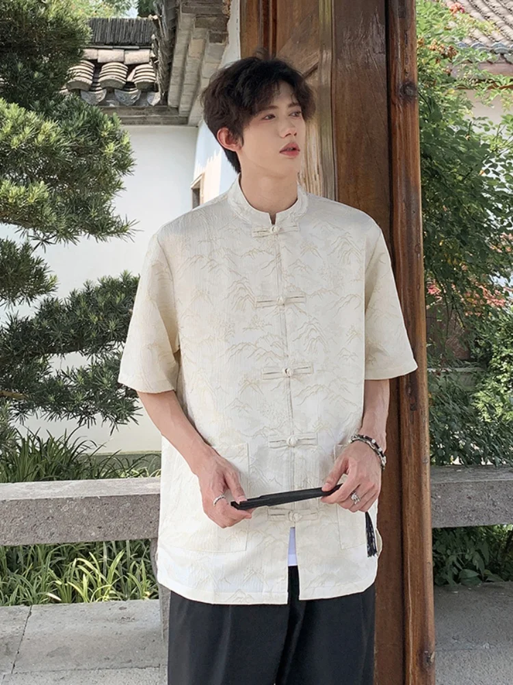 

Новая китайская мужская рубашка с коротким рукавом на пуговицах, летняя модная рубашка в стиле Тан, улучшенный ханьфу с вышивкой и пэчворком