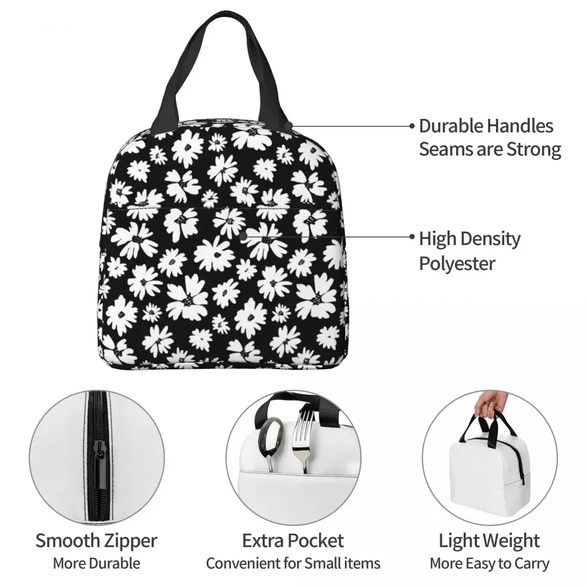 Lunch Bag for Women Kids Flower Insulated Cooler Portable Work Oxford Lunch Box Handbags