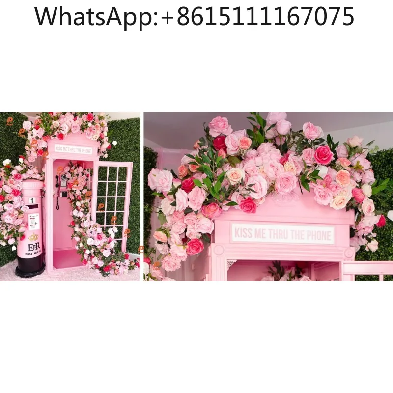 Retro London Telephone Booth With Mailbox Prop, Pink Vintage Photo Decor For Wedding Event