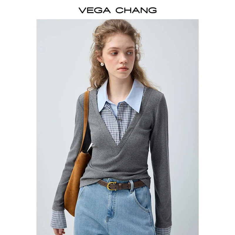 Camiseta de Mujer para Primavera y Otoño, Nueva Colección Vega Chang, Diseño de Tres Piezas con Cuello Acolchado
