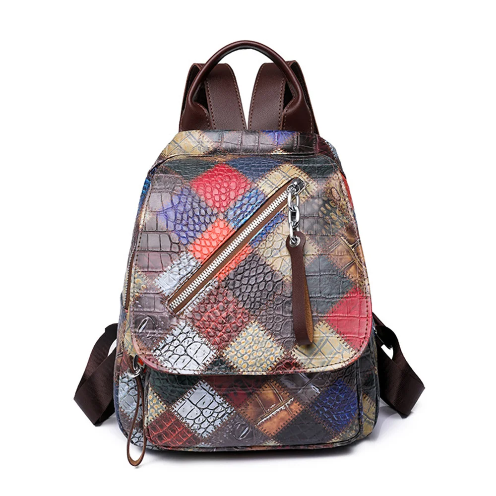 PU Women's Backpack Colorful Patchwork Female Casual Vintage Travel Bags Small Back Pack Schoolbag Teenage Girl Ipad