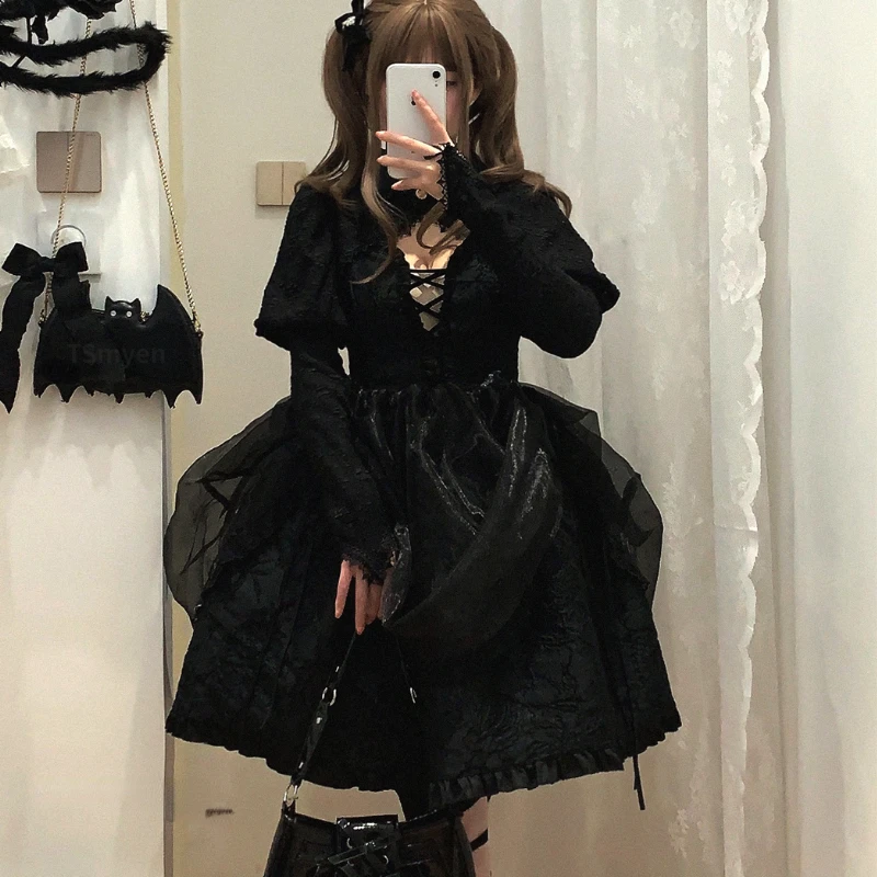 Japanese Victorian Kawaii Lolita Dress Women V Neck Jacquard Organza Fairy Dresses Korean Fashion Gothic Sleeveless Strap Dress