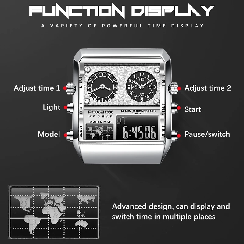 LIGE FOXBOX Electronic Man Watch Casual Sport Watches for Men Stainless Waterproof Dual Digital Luminous Word Map Wristwatch+Box