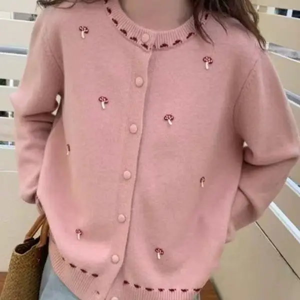 

Корейский женский кардиган с вышивкой грибов, вязаная куртка, модный повседневный эстетический свитер с длинными рукавами для девочек, женский каваи