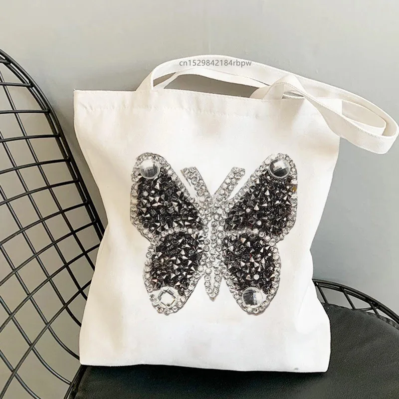 

Rhinestone Butterfly Canvas Tote Bag - Sparkling Sequin Silver Black Luxury Fashion Decorative Party Shoulder Shopping Bag Women