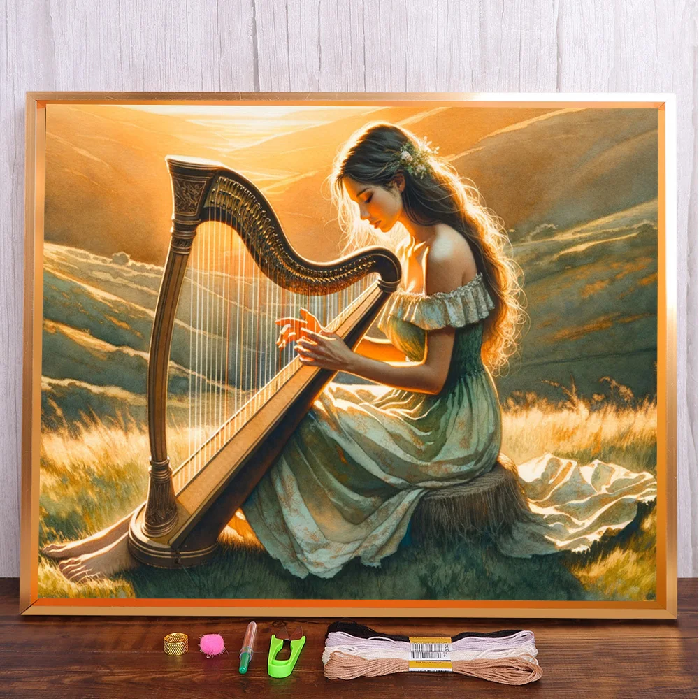 Scenery Harp Girl Pre-Printed 11CT Cross-Stitch DIY Embroidery Set Handicraft Handiwork Painting Knitting Stamped Needle Mulina