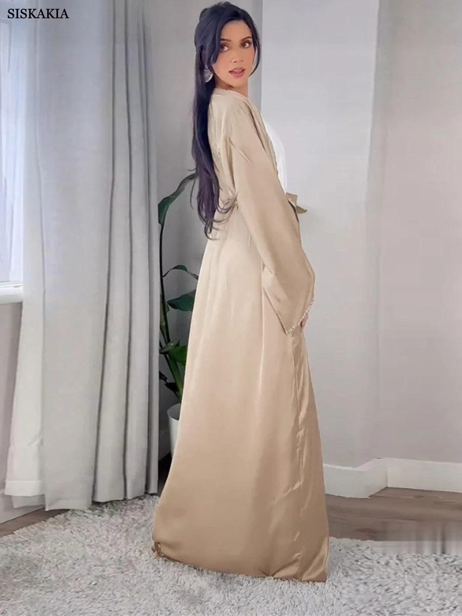 Siskakia-quimono aberto para mulheres, cardigã de cor sólida, manga comprida, casual, elegante, estilo marroquino, caftan, dubai