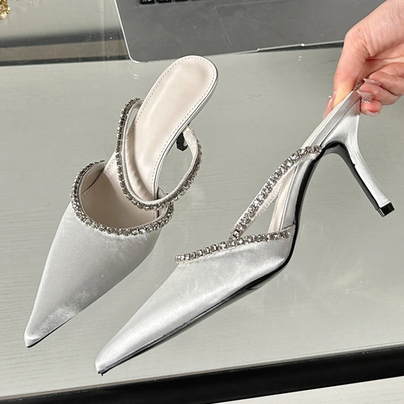 Eilyken Street Style Fashion Pointed Toe Women Slippers CRYSTAL Thin Heels Mules Slippers Party Prom Female Pumps  Shoes