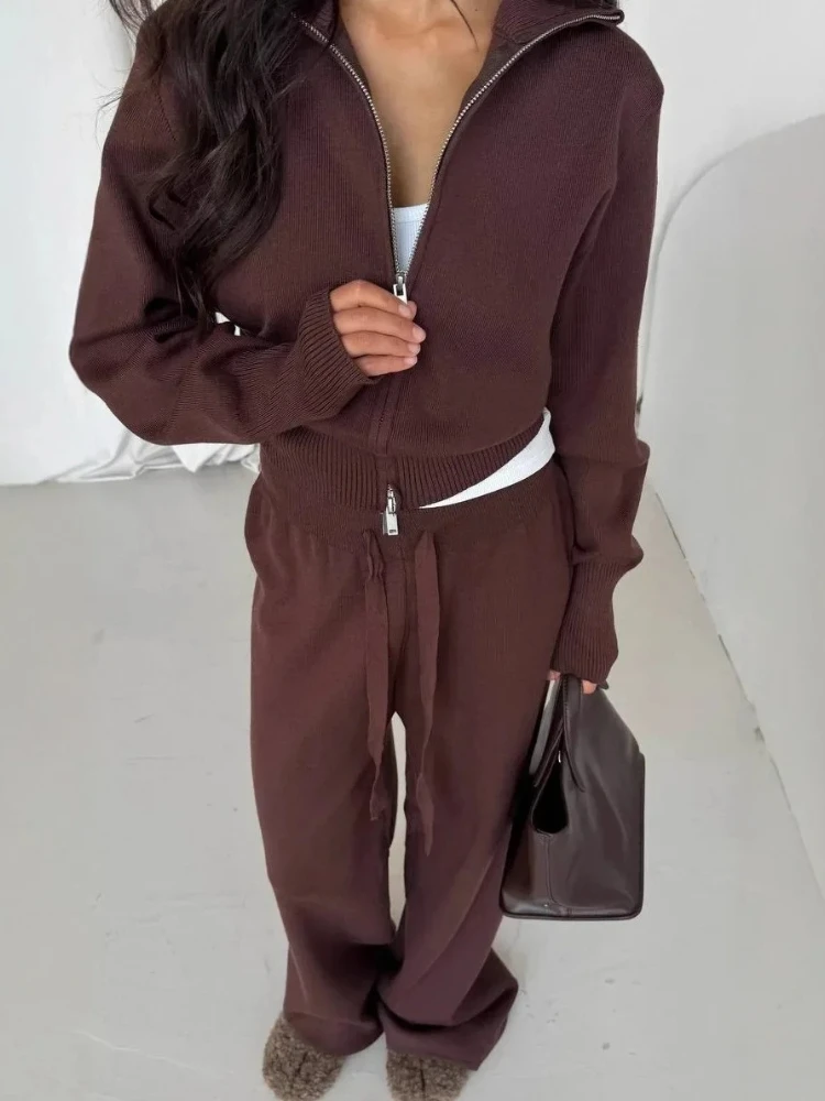 Autumn Winter Women's Cotton Zip Up Knit Cardigan Pants Set Trendy Slim Fit Chic Commuting Sweater  2 Piece Sets Womens Outfits