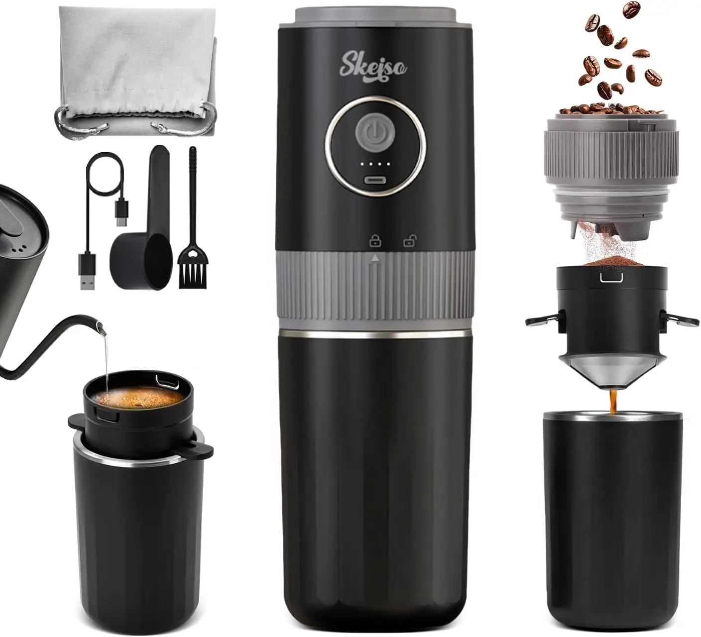 

Portable Manual Coffee Brewing Set, USB Rechar able Coffee Grinder with Stainless Steel Conical Dripper Filter Combo, M