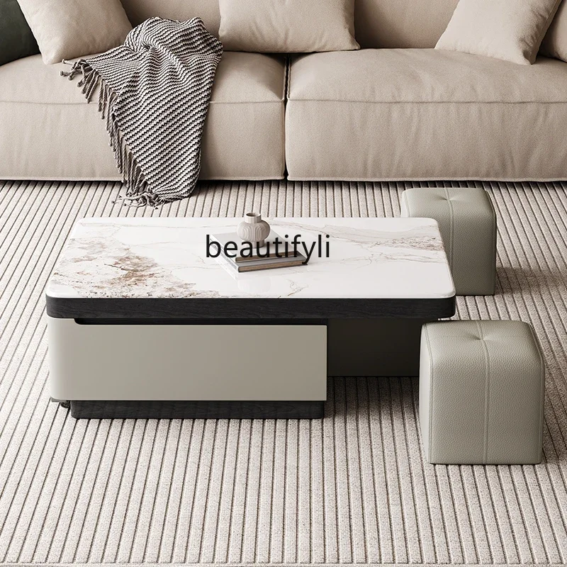 X Vintage Style Extendable Coffee Table with Stool for Small Apartments, Italian Minimalist Modern Simple Creative Design
