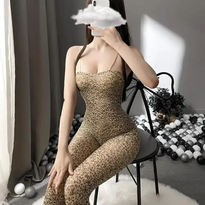 Erotic Lingerie Leopard Print One Piece Body Stockings Female Hot Plus Size Open Crotch Pajamas Bodysuits Porn Sex Clothes Dress
