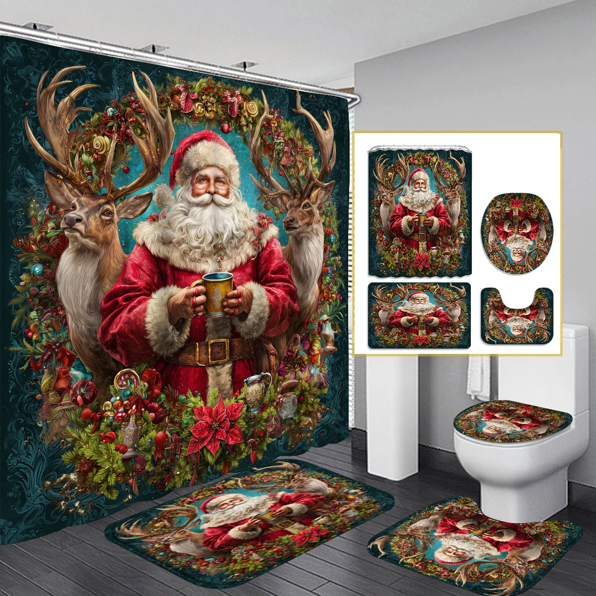 Santa Claus Elk Pattern Shower Curtain Set with Non-Slip Floor Mat, U-Shape Pad Toilet Lid Pad,Wet Dry Functional Bathroom Decor