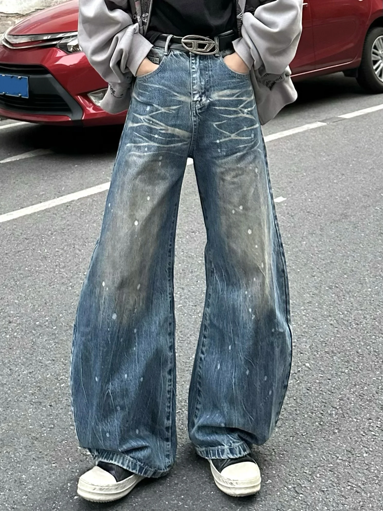 

Ретро американские потертые мужские свободные широкие джинсы с завышенной водой, длинные брюки, молодежные повседневные прямые джинсы свободного покроя