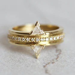 Huitan Gold Color Wedding Rings for Women New Trendy Design Triangular Cubic Zirconia Luxury Rings Engagement Party Lady Jewelry