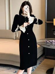 Autumn Fashion Black Velvet Formal Occasion Blazer Pencil Dress Women Clothes Elegant Office Vintage Ruffles Slim Midi Vestidos