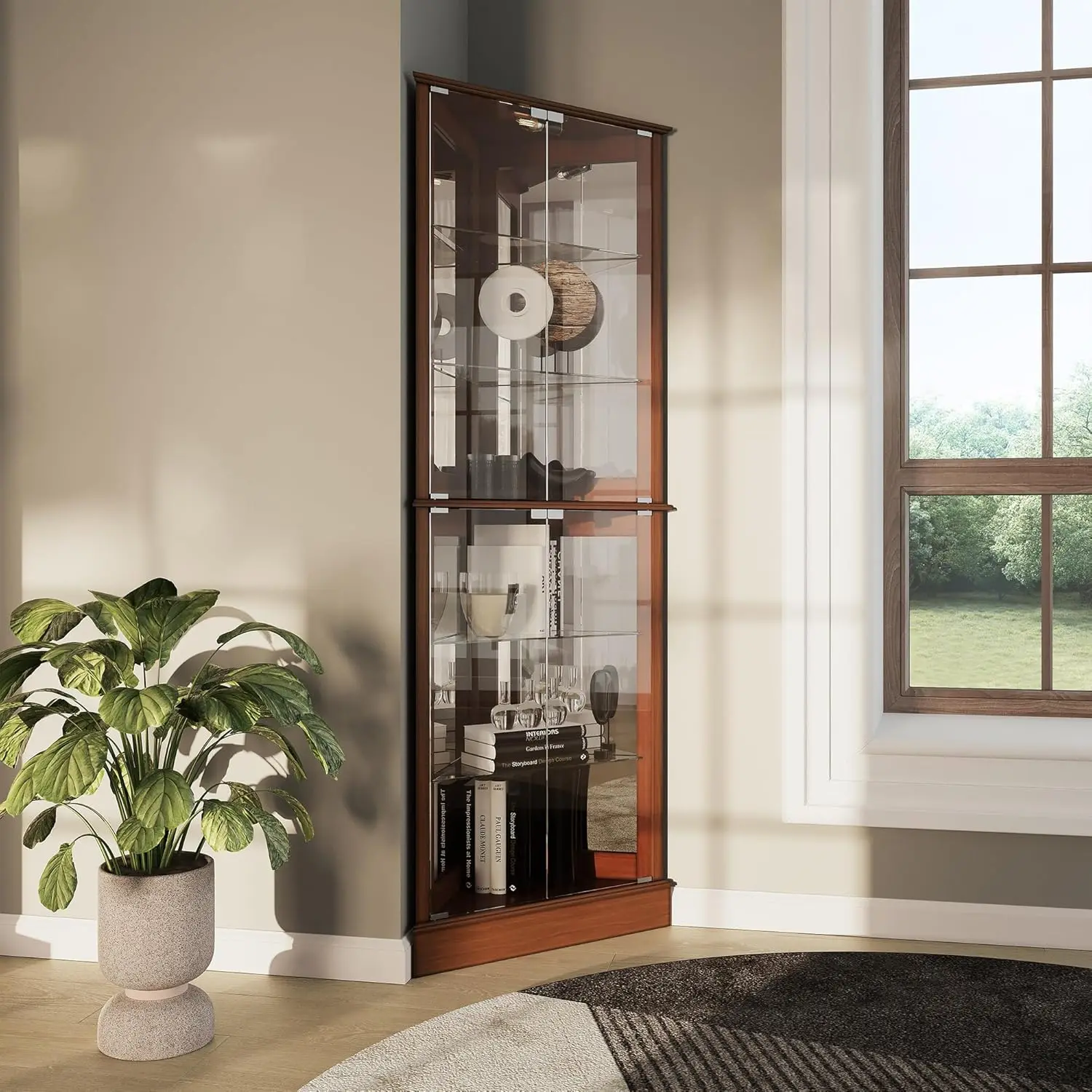 

Lighted Corner Display Curio Cabinet Wooden Shelving Unit with Tempered Glass Door, Bar and Liquor Storage Area with 6 Shelve