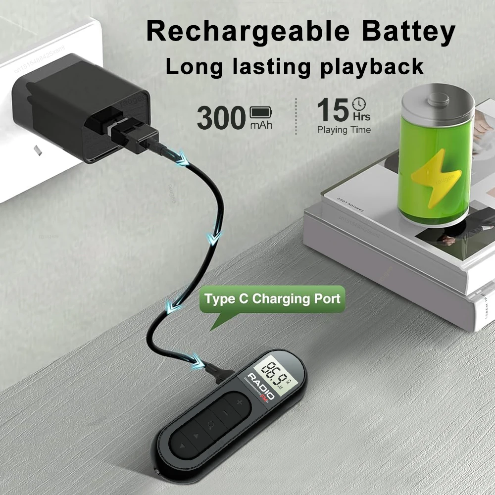 راديو جيب صغير مع شاشة LCD راديو FM محمول شخصي مع مشبك حزام سماعات الرأس راديو محمول صغير قابل لإعادة الشحن عبر USB