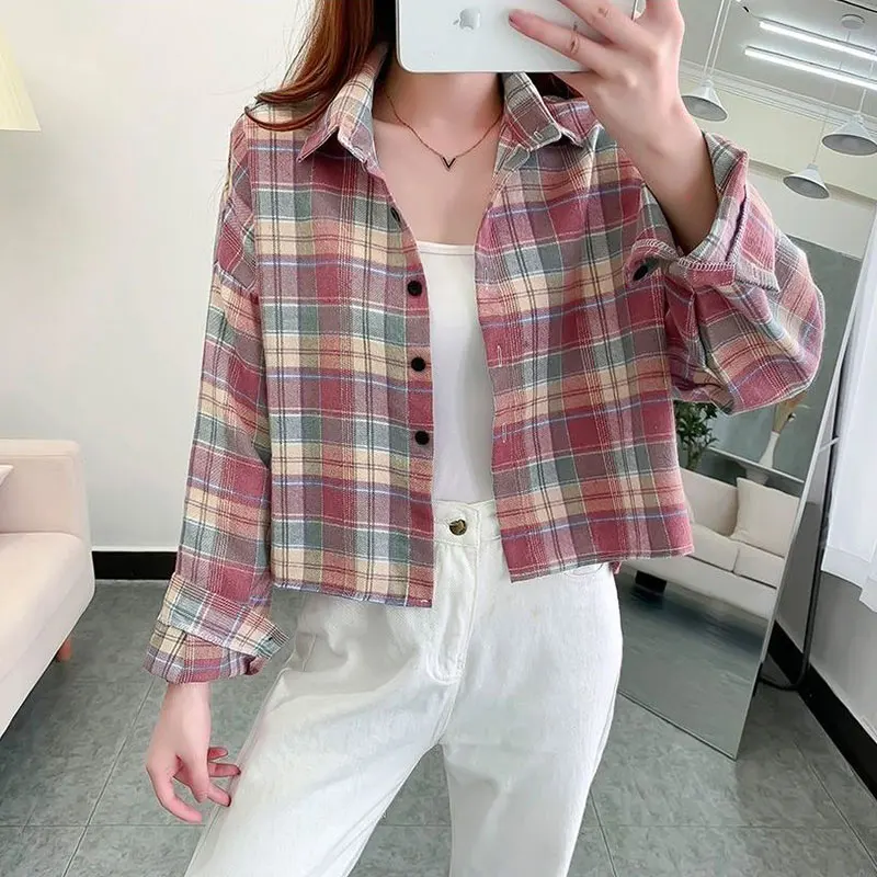 Women\'s Autumn Casual Simplicity Plaid Polo Collar Long Sleeve Shirts Women Clothes Fashion Loose All-match Temperament Tops