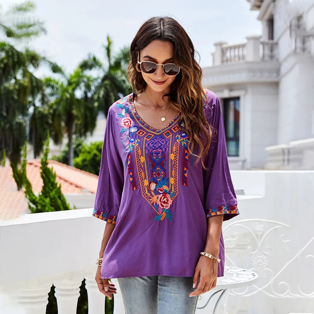 Eaeovni Embroidered Shirts for Women Boho Tops and Blouses 3/4 Sleeve Bohemian Peasant Summer Fall Tunic Top