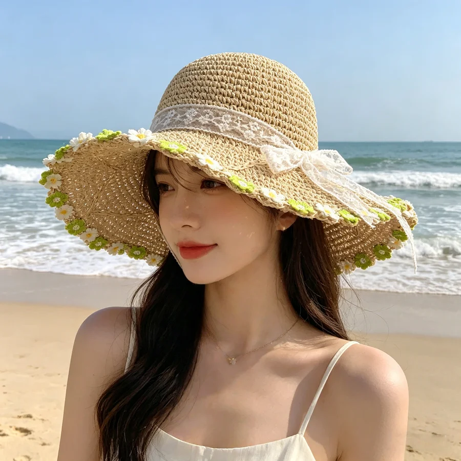 The Small Daisy Woven Straw Hat Is Fresh and Sweet, with a Large Brim Design That Covers the Face/Neck, Suitable for Summer Beach Sun Protection and Various Occasions Like Dates