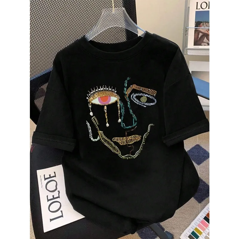 Colorful Graffiti Women's Face Cartoon Print New Casual Men's and Women's Clothing New Fashion Trend Loose Round Neck T-shirt